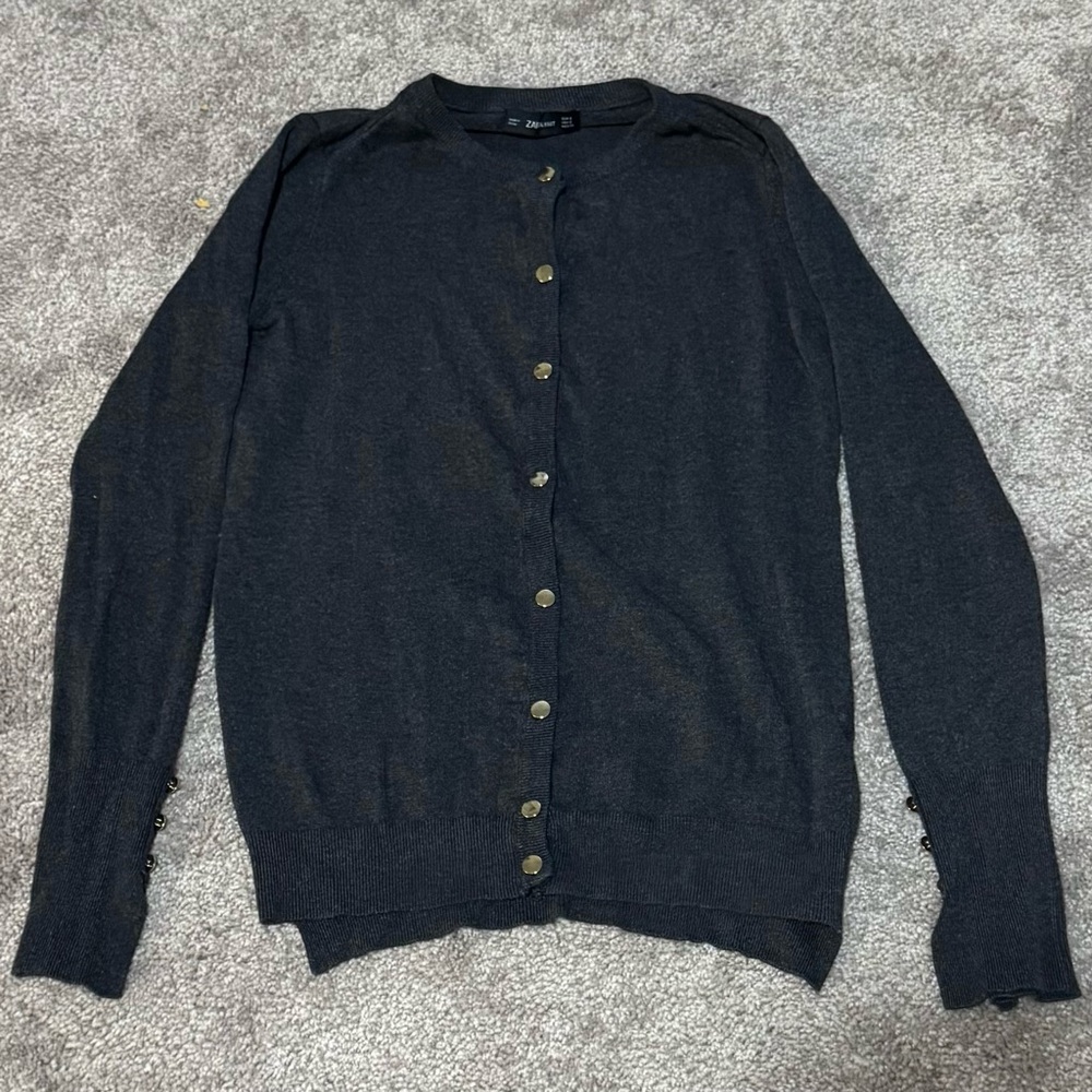 Zara Knit Dark Gray/Gold Button Down Cardigan Button Accents on Sleeves Size S